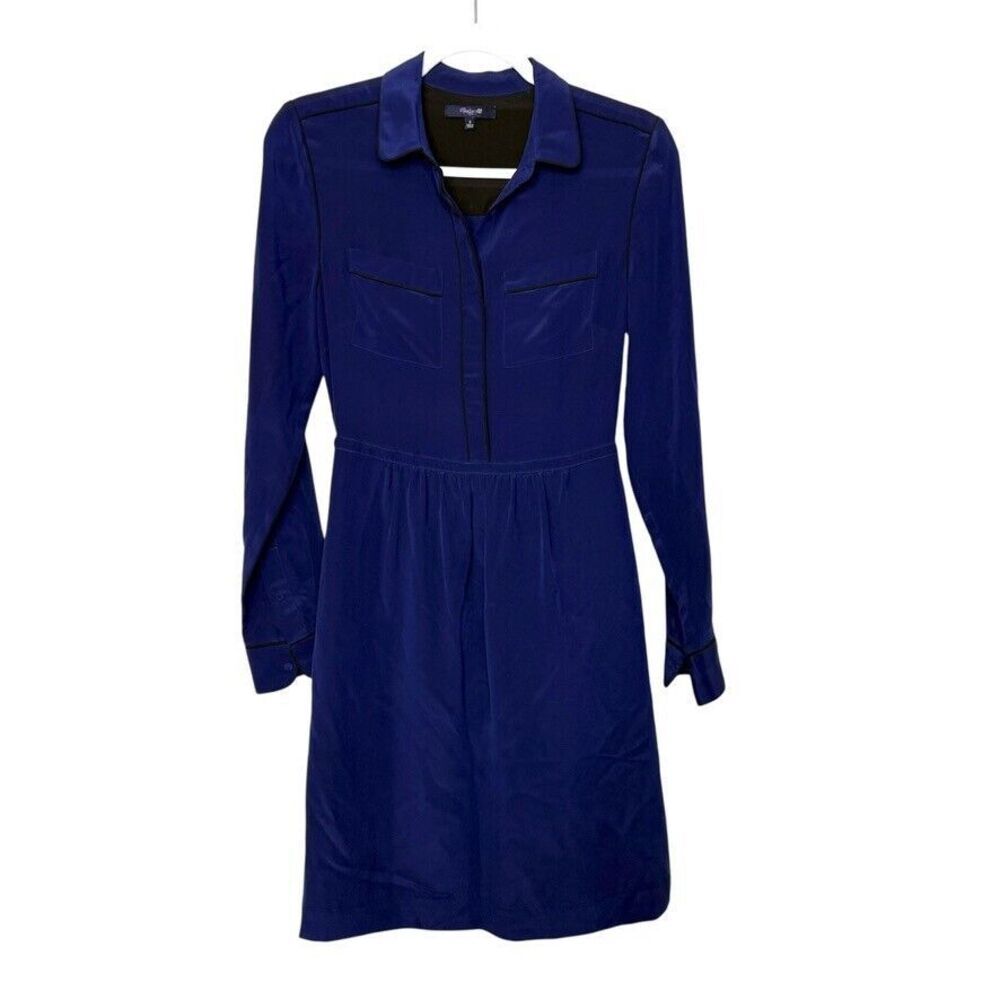 MADEWELL Silk Cinema Dress Women 2 Blue Lined Pockets Collard Preppy Office